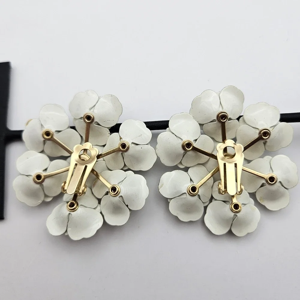 Vintage White Enamel Flower Cluster Clip On Earrings Multi Color Rhinestone 60s
